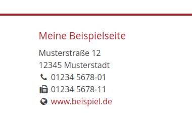 Screenshot einer Anschrift. Die einzelnen Punkte sind mit Icons versehen. Es sind zwei Telefonnummern angegeben, die eine mit einem Telefon-Icon, die andere mit einem Fax-Icon